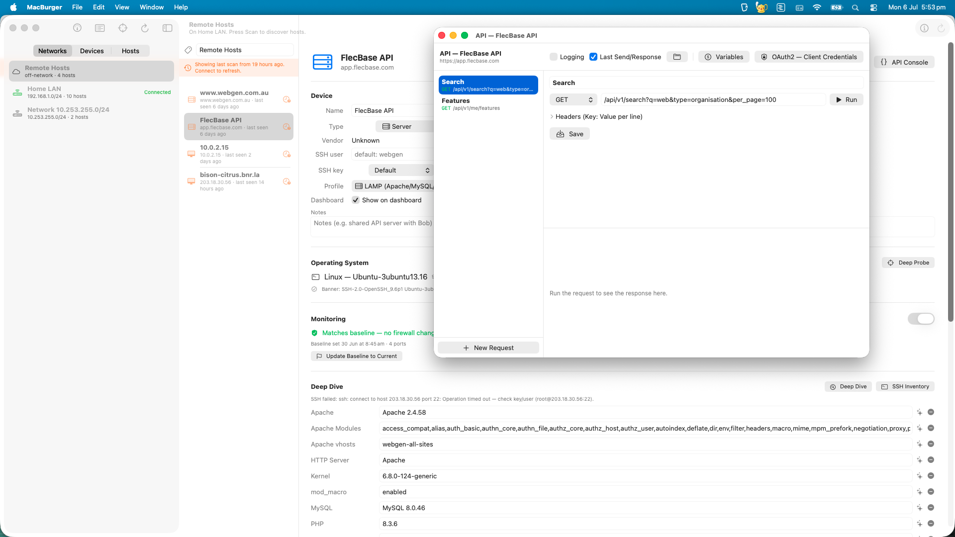 MacBurger showing a host detail view with OS detection, deep-dive facts and the API console window