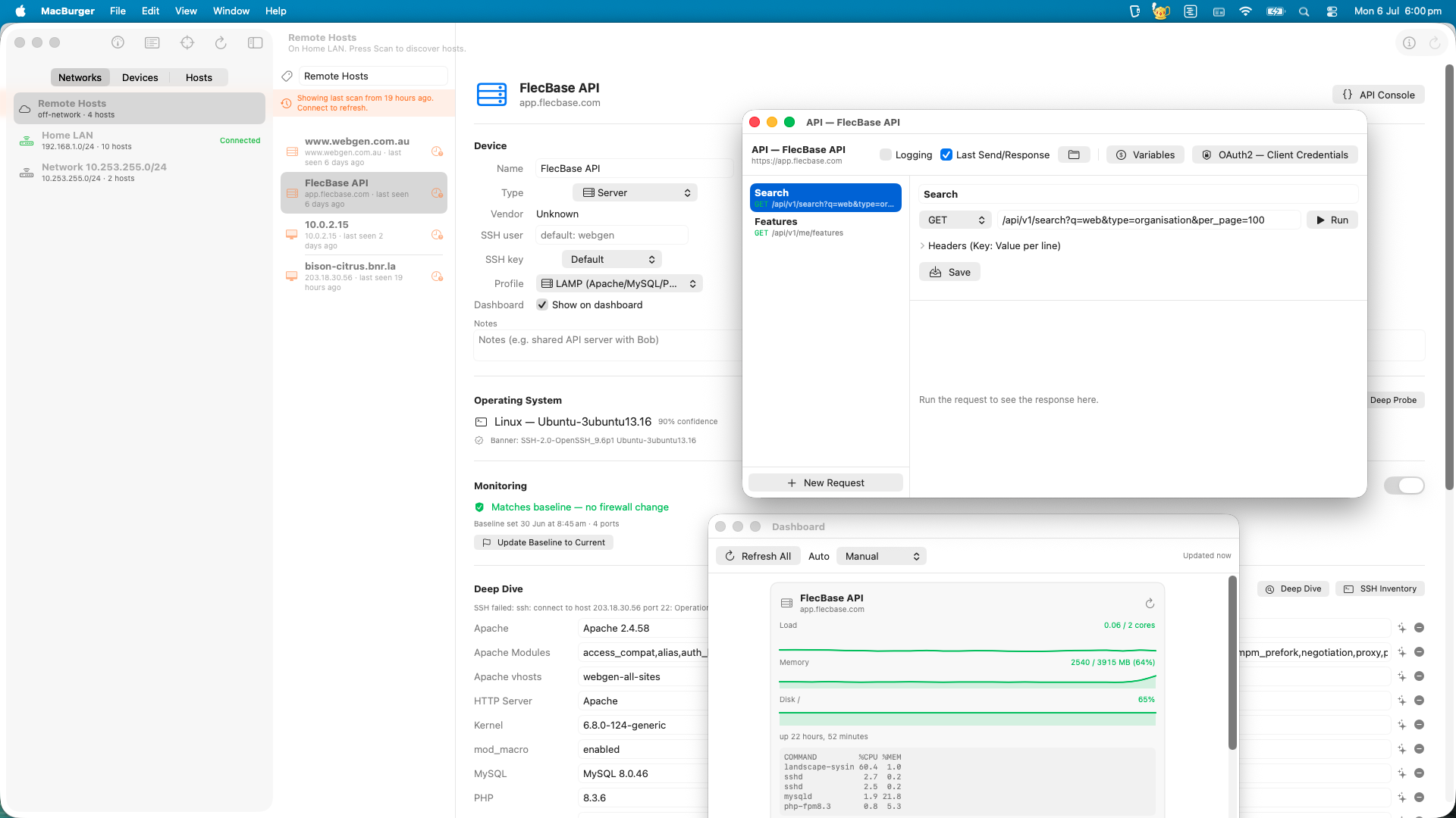 MacBurger with the API console and the metrics dashboard showing load, memory, disk and top processes for a server